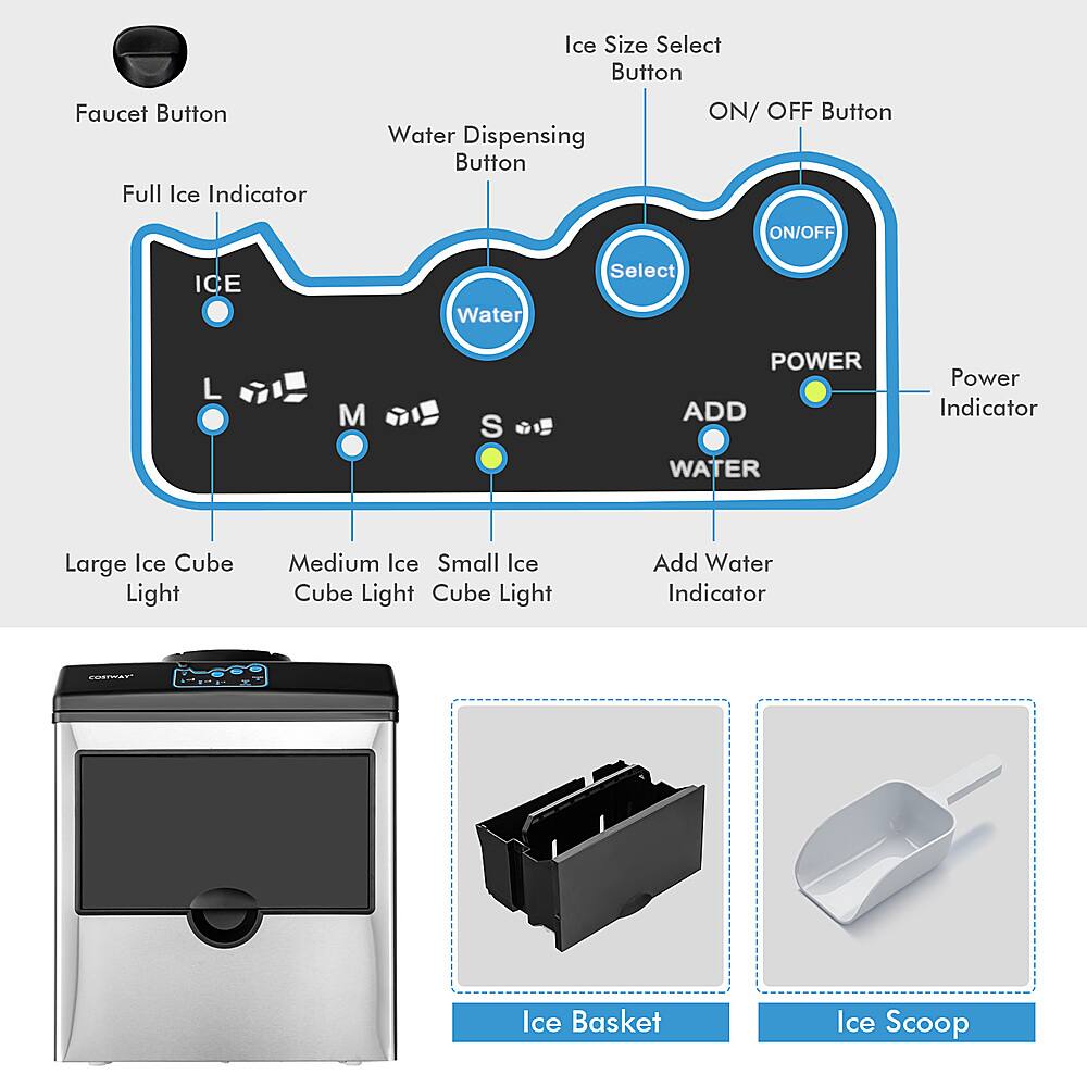 The image features a diagram of an ice and water dispenser with various buttons and indicators. The text on the image can be grouped and corrected as follows:

1. Ice Size Select Button: This button allows users to choose the size of the ice they want.
2. Faucet Button: This button controls the water faucet, enabling users to fill their cups with water.
3. Full Ice Indicator: This indicator shows when the ice dispenser is full, indicating that it's time to refill the ice.
4. Water Dispensing Button: This button dispenses water from the dispenser.
5. ON/OFF Button: This button controls the power to the ice and water dispenser.
6. Ice Water Select: This button allows users to choose between ice and water.
7. Large Ice Cube Light: This indicator shows when the ice dispenser is full of large ice cubes.
8. Medium Ice Light: This indicator shows when the ice dispenser is full of medium-sized ice cubes.
9. Small Ice Cube Light: This indicator shows when the ice dispenser is full of small ice cubes.
10. Cube Light: This indicator shows when the ice dispenser is full of ice cubes.
11. Add Water Indicator: This indicator shows when the ice dispenser needs to be refilled with water.
12. Ice Basket: This is a container for holding the ice.
13. Ice Scoop: This is a tool for scooping ice from the dispenser.