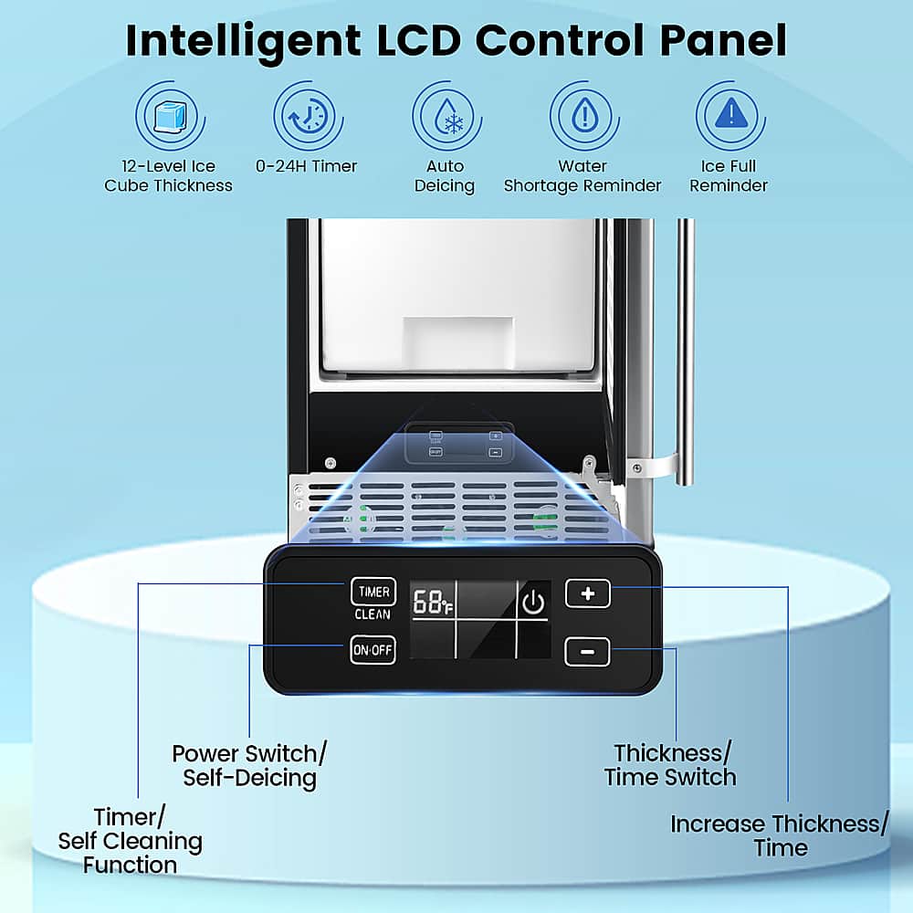 Intelligent LCD Control Panel! 12-Level Ice 0-24H Timer Cube Thickness Auto Water Ice Full Deicing Shortage Reminder Reminder a TIMER CLEAN 68% + ON-OFF - Power Switch/ Self-Deicing Timer/ Self Cleaning Function Thickness/ Time Switch Increase Thickness/ Time