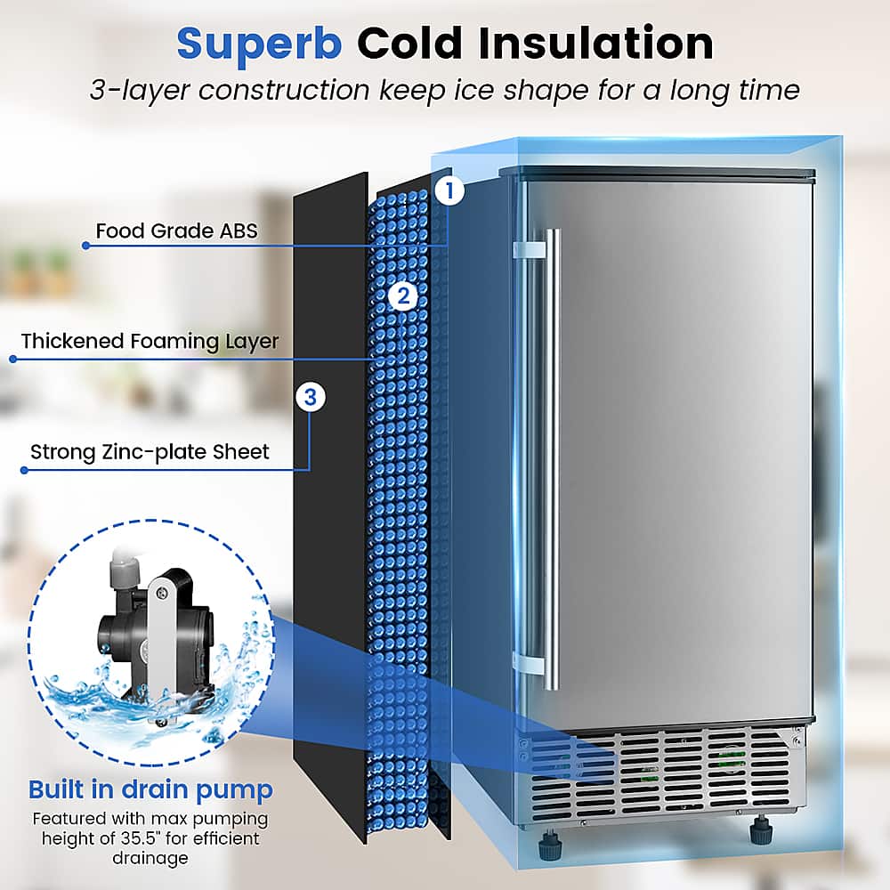 Superb Cold Insulation: 3-layer construction keeps ice shape for a long time. Features include: 1. Food Grade ABS, 2. Thickened Foaming Layer, and 3. Strong Zinc-plate Sheet. Additionally, the refrigerator has a built-in drain pump with a maximum pumping height of 35.5" for efficient drainage.