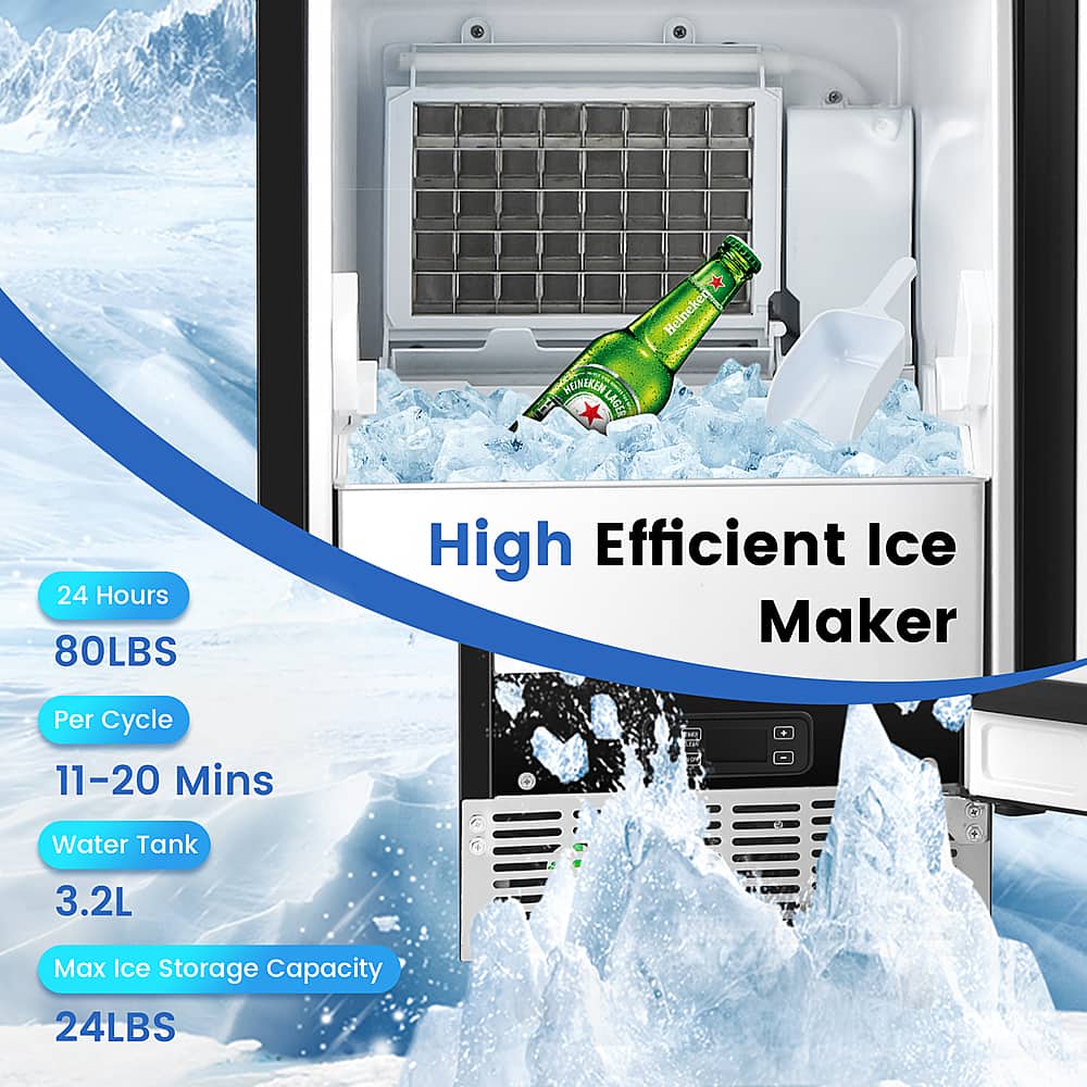 Heineken High Efficient Ice Maker: 24 Hours, 80LBS, Per Cycle 11-20 Mins, Water Tank 3.2L, Max Ice Storage Capacity 24LBS.