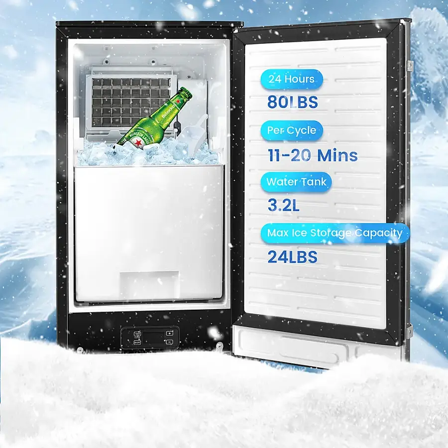 The text on the image reads: "24 Hours Beineke A DANEILICT 80LBS Per Cycle 11-20 Mins Water Tank 3.2L Max Ice stotage Capacity 24LBS."