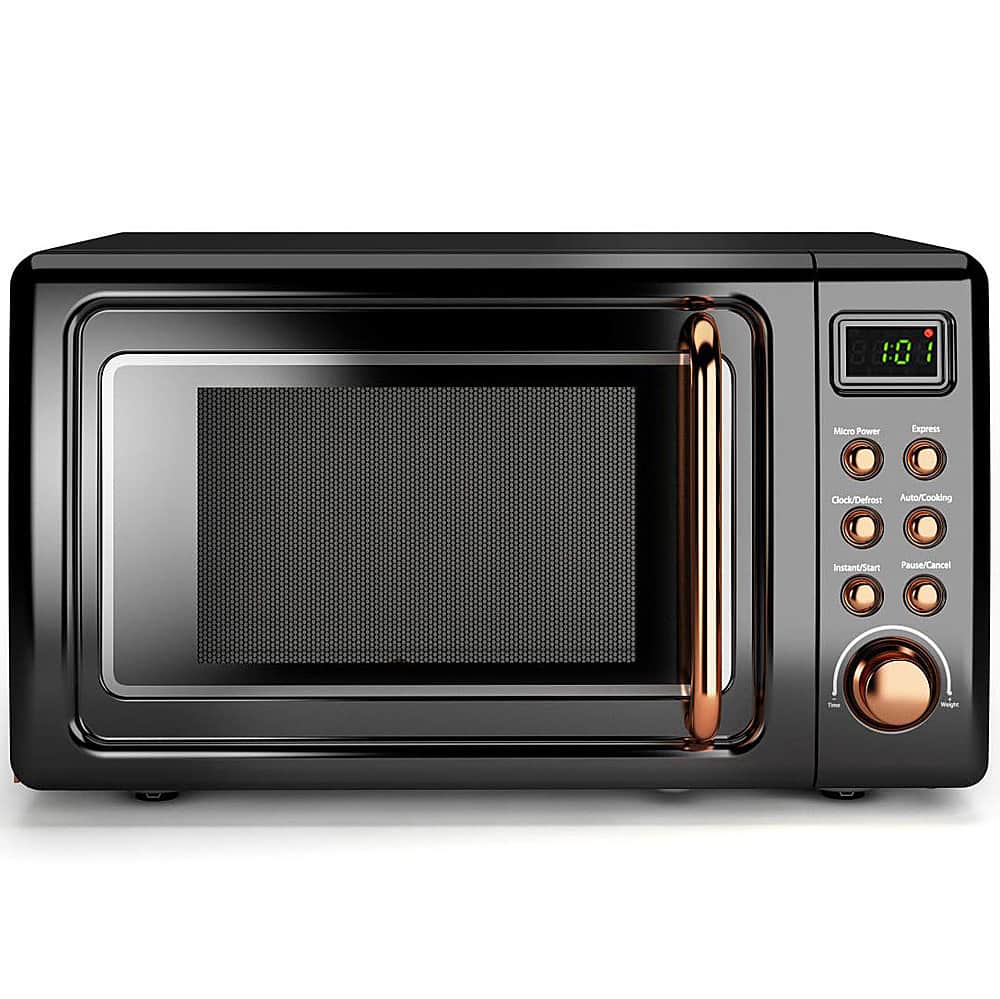 The text on the image reads "10 Mirro Power Express Clock/Defron Auto/Cooking Instant/Start Pause/Cancel." This suggests that the microwave has various features and functions, such as a clock, defrosting, auto cooking, instant cooking, and the ability to start, pause, and cancel cooking processes.