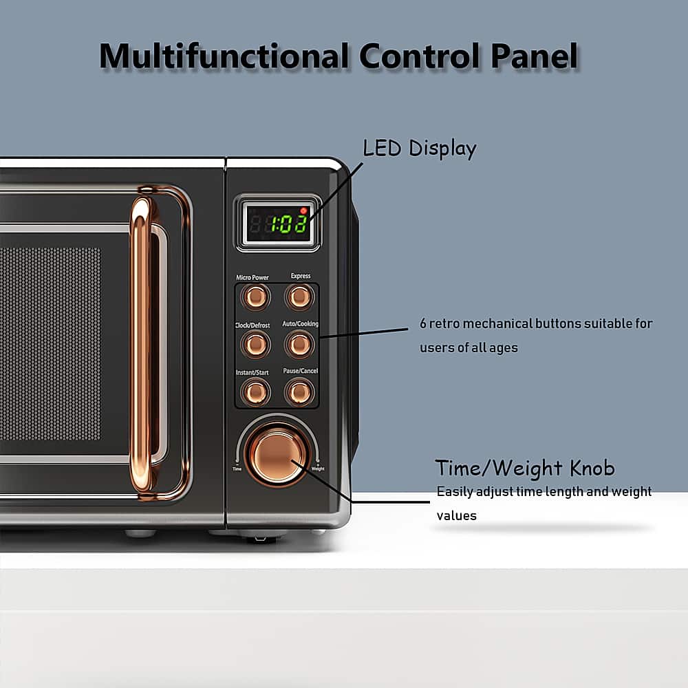 Multifunctional Control Panel LED Display 88:03 10 2 Micro Poor Express Clock/Defrost Auto/Cooking 6 retro mechanical buttons suitable for users of all ages Instant/Start Pause/Cancel e-Time/Weight Knob Easily adjust time length and weight values.