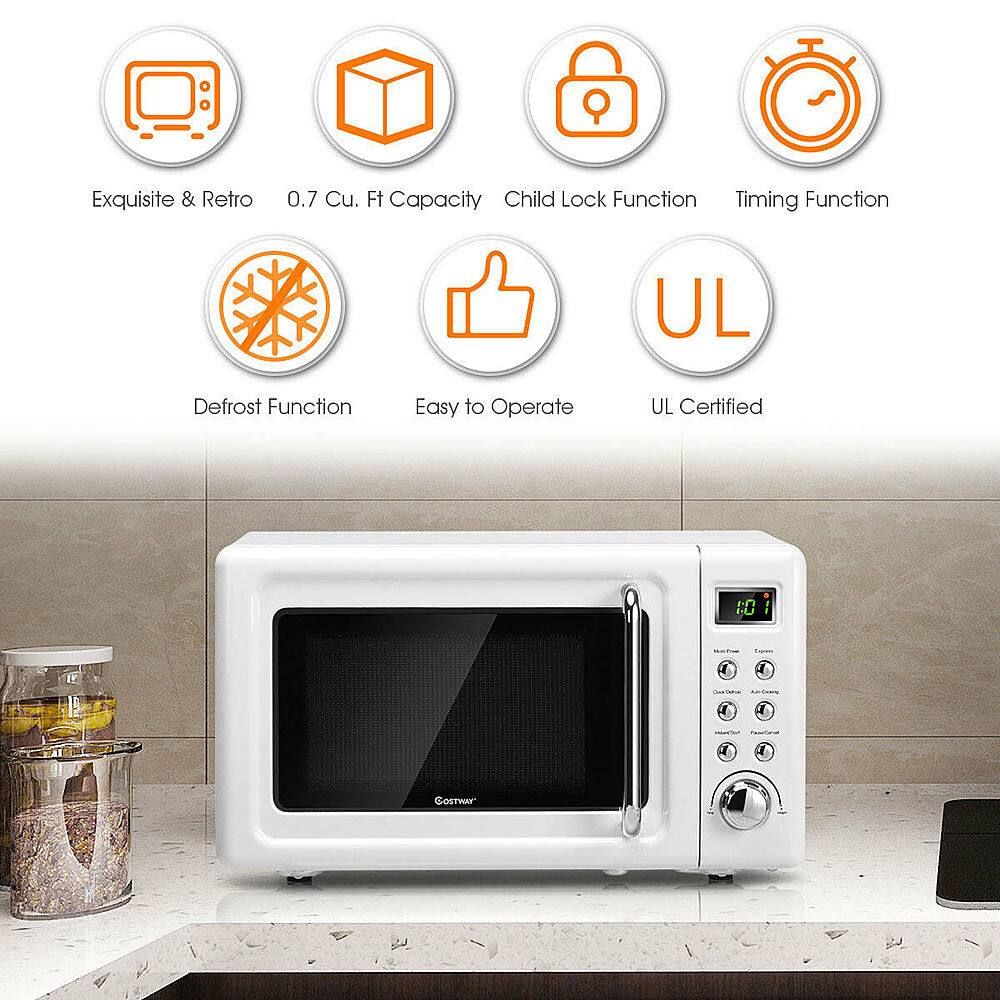 The text on the image is grouped and corrected as follows:

1. Exquisite & Retro: This microwave is designed with a retro style, making it a unique and stylish addition to your kitchen.
2. 0.7 Cu. Ft Capacity: The microwave has a spacious interior, capable of holding up to 0.7 cubic feet of food.
3. Child Lock Function: The microwave is equipped with a child lock function, ensuring the safety of children by preventing them from accidentally turning it on or accessing the controls.
4. Timing Function: The microwave has a built-in timing function, allowing you to set the desired cooking time for your food.
5. UL Defrost Function: The microwave features a defrost function, which helps to quickly and evenly defrost frozen food.
6. Easy to Operate: The microwave is designed with user-friendly controls, making it easy to operate and navigate.
7. UL Certified: The microwave is certified by Underwriters Laboratories (UL), ensuring that it meets safety standards and is safe for use in your home.