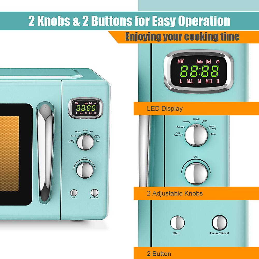 The text on the image is already grouped and correctly written. It reads: "2 Knobs & 2 Buttons for Easy Operation Enjoying your cooking time MW Auto Defrost 88:88 L M.L M M.H H a Der 00.00 0000 M LMLMKH 1 M.I. I L I LED Display M.LOW .Mg Hligh -- MLO - Cd Debost. AL Cooking Speed Sooking Caock - C.N - Emeri i C 2 Adjustable Knobs Start Pause/Cancel 2 Button."