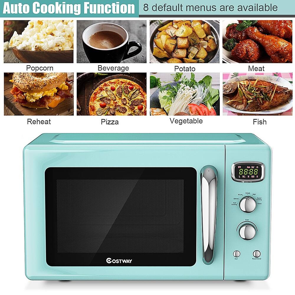 Auto Cooking Function: 8 default menus are available.

1. Popcorn
2. Beverage
3. Potato
4. Meat
5. Reheat
6. Pizza
7. Vegetable
8. Fish