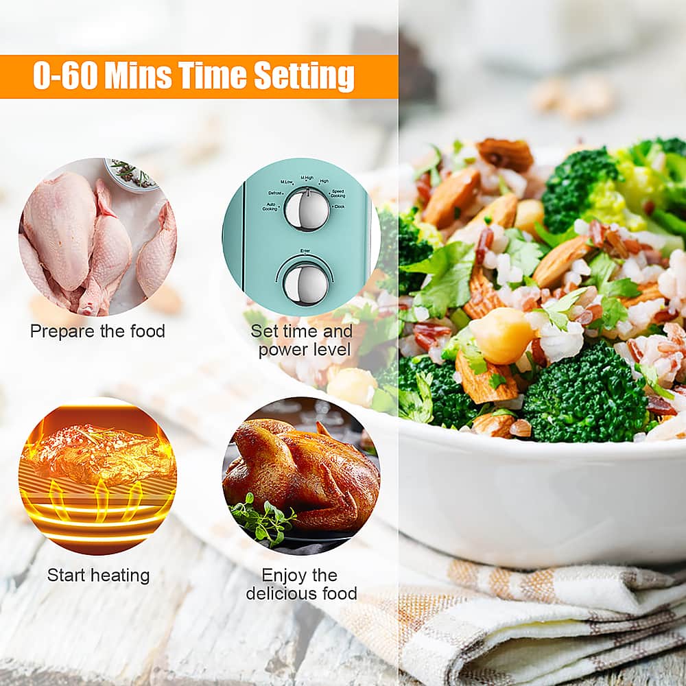 0-60 Mins Time Setting:
1. Prepare the food
2. Set time and power level
3. Start heating
4. Enjoy the delicious food