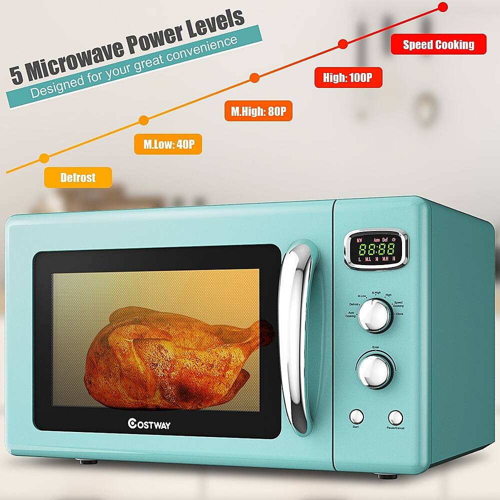 Power Levels: Microwave great convenience with 5 power levels. Designed for your needs, the microwave has M.High: 80P, M.High: 100P, Speed Cooking, M.Low: 40P, and Defrost settings. The microwave is blue and has a digital display.