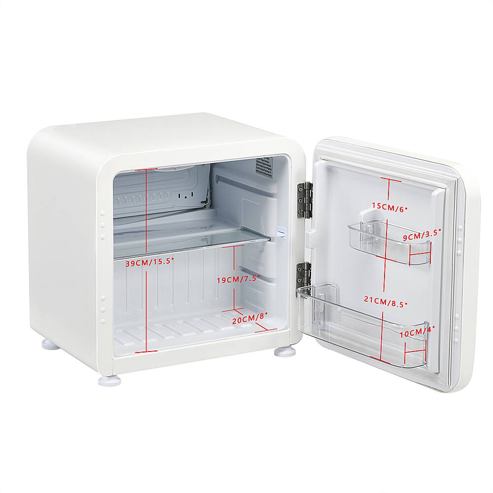The image shows a small white refrigerator with its door open, revealing the interior. The refrigerator is labeled with dimensions, including 15cm, 9cm, 39cm, 15.5", 19cm, 7.5", 20cm, 8", 21cm, 8.5", and 10cm. The refrigerator is a compact, small-sized appliance that is suitable for limited spaces, such as dorm rooms or small apartments.