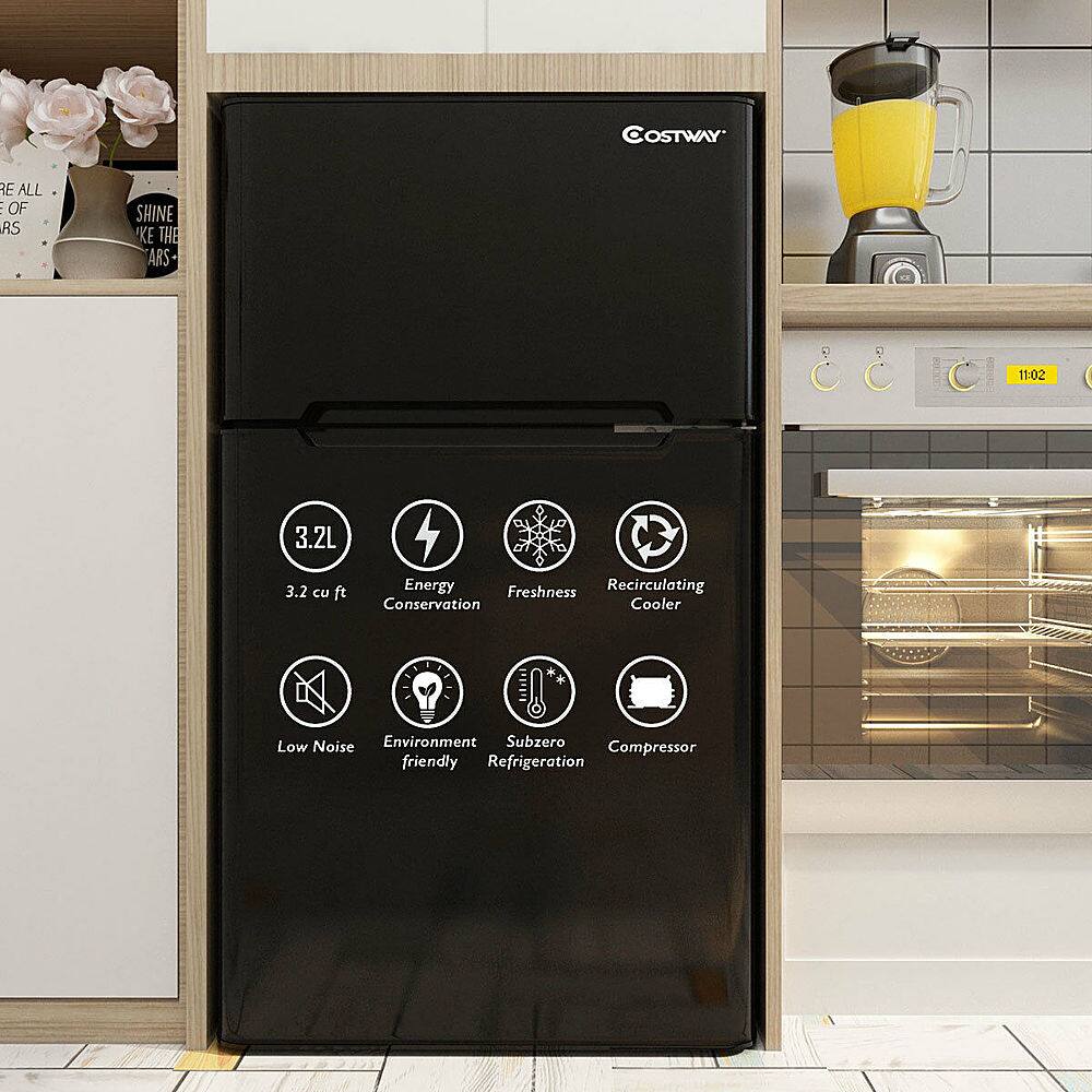 The text on the image reads: "COSTWAY RE ALL: OF RS SHINE KE THE ARS 11:02 3.2L 3.2 cu ft Energy Freshness Recirculating Conservation Cooler + Low Noise Environment Subzero Compressor friendly Refrigeration."