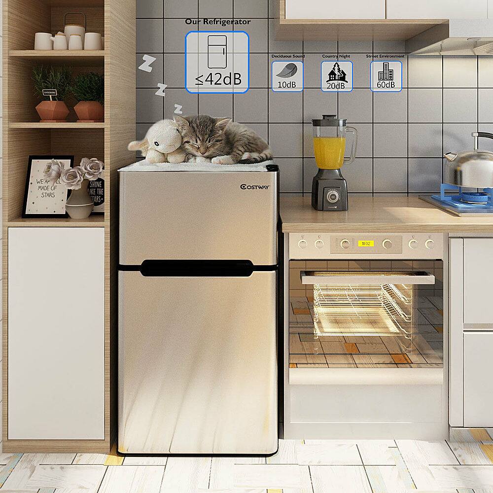 Our refrigerator is designed to be quiet, with a noise level of 42 dB. It also has a sleep timer that can be set to 10, 20, or 60 minutes, allowing you to enjoy a peaceful night's sleep. Additionally, the refrigerator is made of stars that shine in the dark, adding a touch of whimsy to your kitchen.