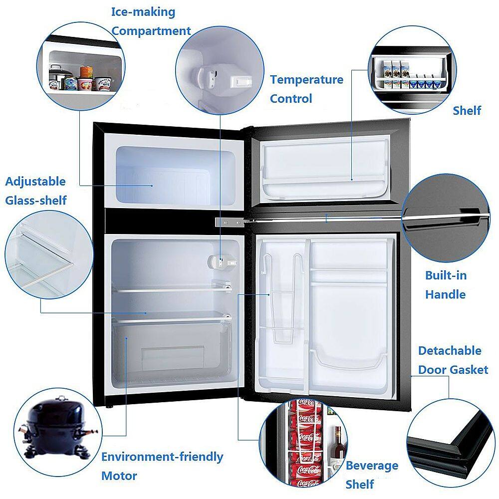 The image shows a diagram of a refrigerator with various compartments and features. The compartments include an ice-making compartment, a temperature control section, a shelf, and a built-in handle. The refrigerator also has an adjustable glass-shelf and a detachable door gasket. The refrigerator is environment-friendly and has a motor. The image also shows a Coca-Cola beverage shelf inside the refrigerator.