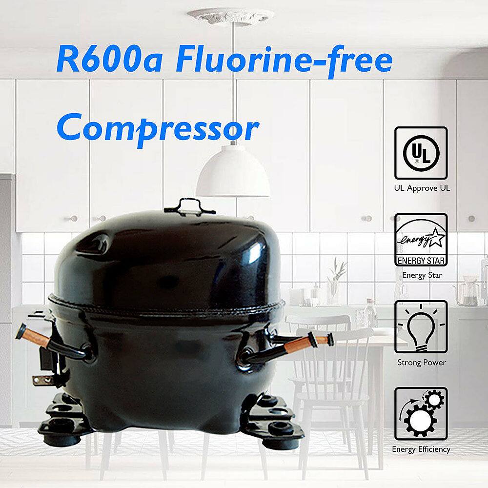 The text on the image is grouped and corrected as follows:
R600a Fluorine-free Compressor UL Approved Energy Star Energy Efficiency Strong Power