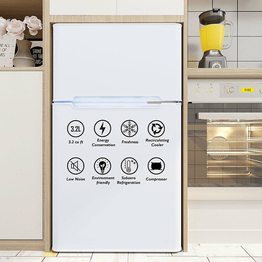 The text on the image reads: "3.2L 3.2 cu  Energy Freshness Recirculating Conservation Cooler * Low Noise Environment Subzero Compressor friendly Refrigeration."