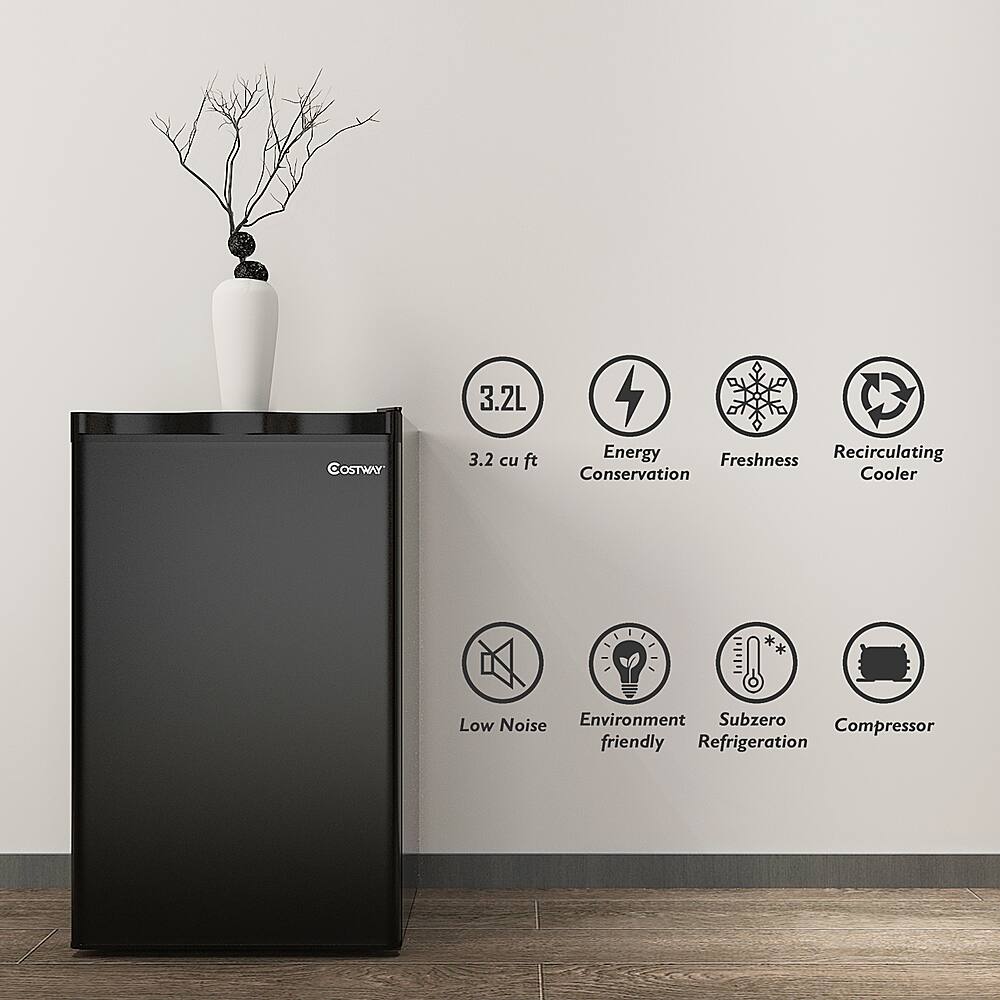 The text on the image is grouped and corrected as follows:

1. Energy Freshness Recirculating Conservation Cooler
2. 3.2L Costway 3.2 cu ft Energy Freshness Recirculating Conservation Cooler
3. Low Noise Environment Subzero Compressor friendly Refrigeration

The text describes the features and benefits of a refrigerator, including energy efficiency, freshness, recirculating, conservation, low noise, and environmentally friendly compressor technology.