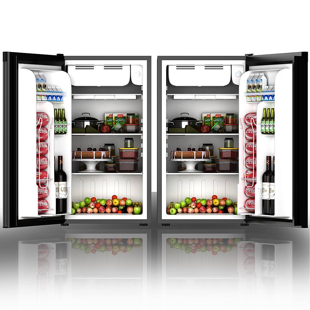 The image shows a refrigerator with its doors open, revealing a variety of food items and drinks inside. There are several bottles of wine and other beverages, as well as a variety of fruits and vegetables. The refrigerator is well-stocked and organized, making it a convenient and functional appliance for storing and preserving food.