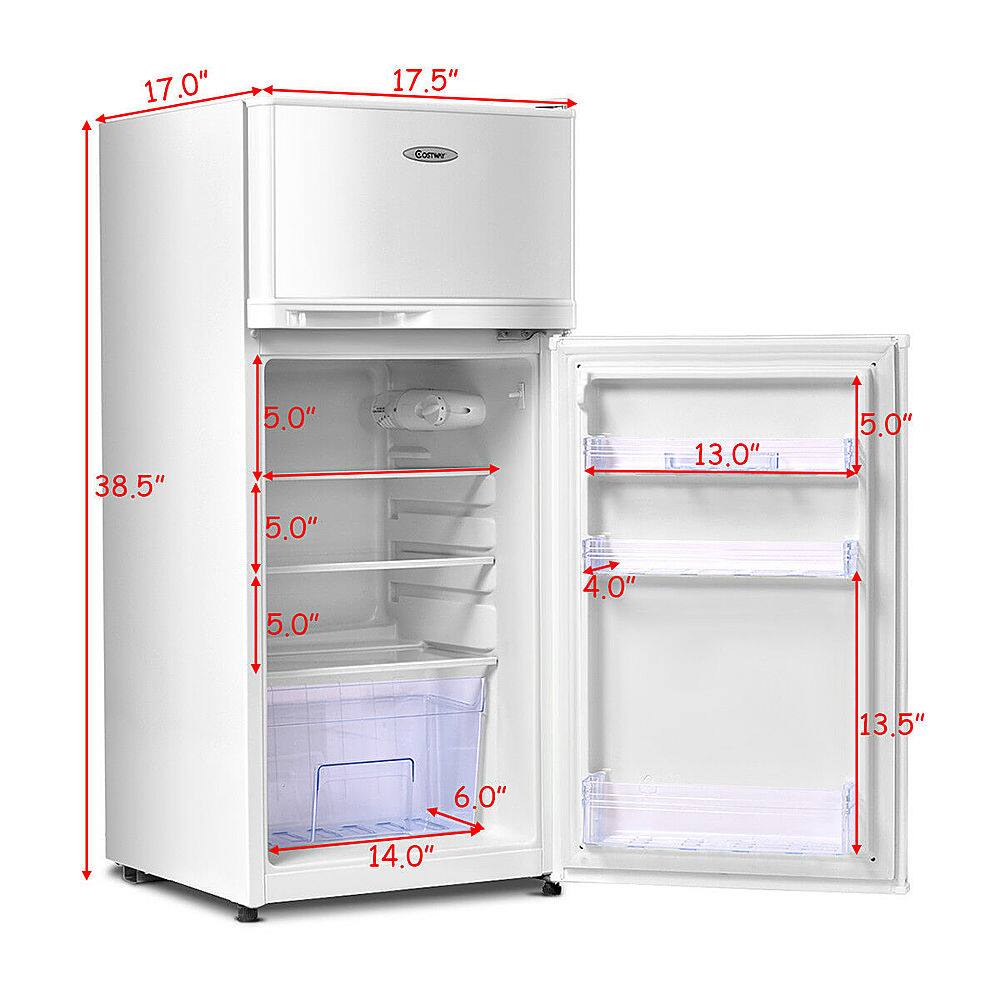 The text on the image reads: 17.0" 17.5" 38.5" 5.0" 5.0" 5.0" 4.0" 13.5" 6.0" 14.0". This information is likely related to the dimensions of the refrigerator, such as its height, width, and depth. The numbers indicate the measurements in inches, and the text is likely meant to provide a clear description of the refrigerator's size for potential buyers or users.