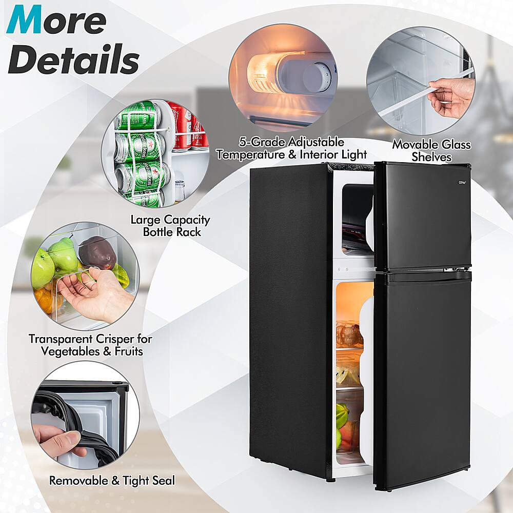 More Details 5-Grade Adjustable Temperature & Interior Light Movable Glass Shelves Large Capacity Bottle Rack Transparent Crisper for Vegetables & Fruits Removable & Tight Seal