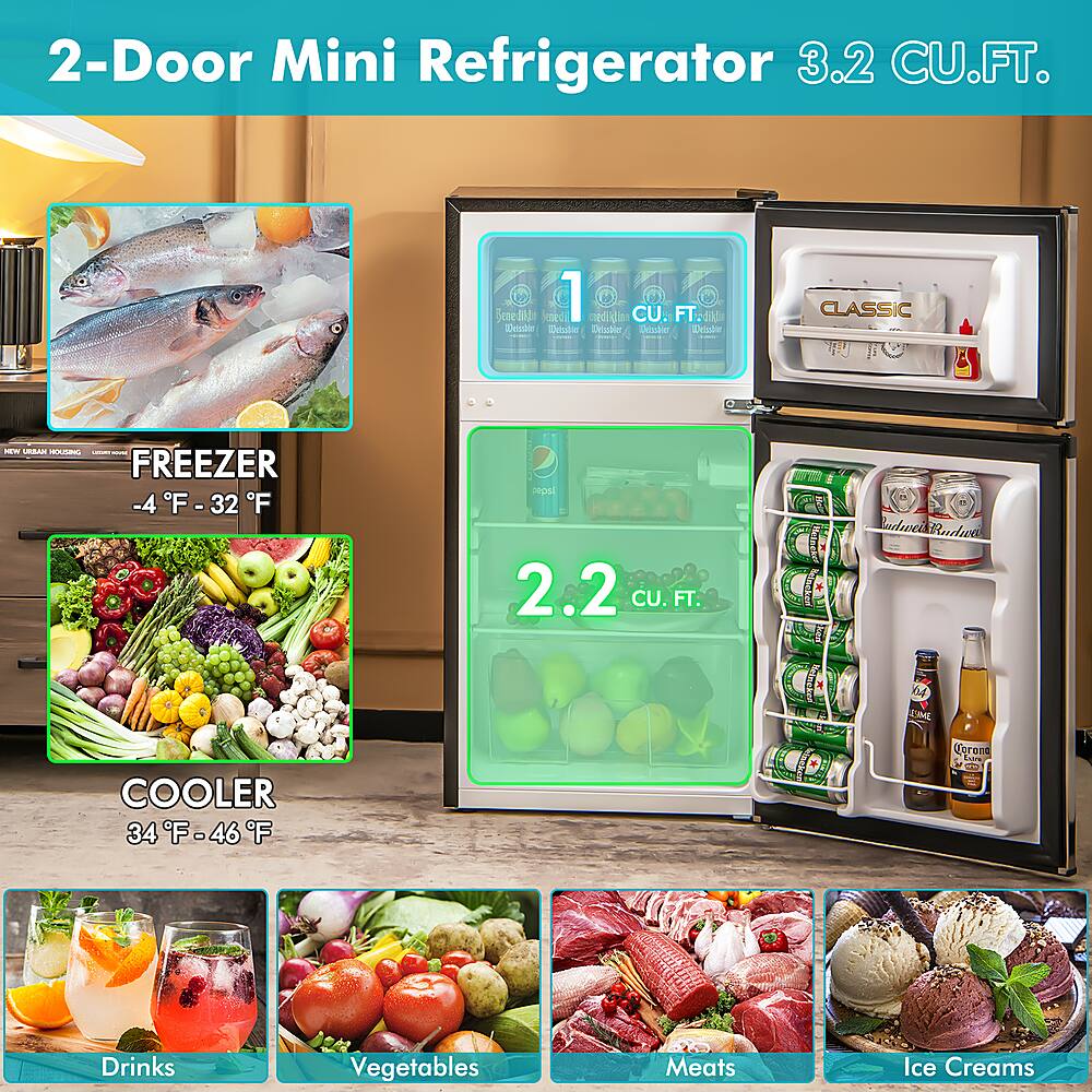 2-Door Mini Refrigerator 3.2 CU.FT.

* Freezer: 32 - 32 F
* Refrigerator: 34 - 46 F

Drinks:

* Alcoholic Beverages
* Juices
* Milk
* Soft Drinks

Vegetables:

* Tomatoes
* Potatoes
* Carrots
* Radishes

Meats:

* Beef
* Chicken
* Pork
* Seafood

Ice Creams:

* Vanilla
* Chocolate
* Strawberry
* Mint