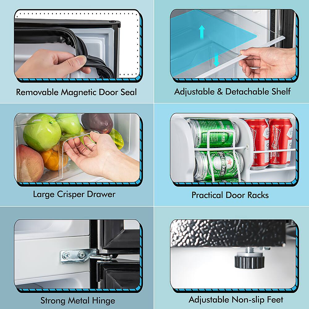 The image shows a refrigerator with various features and compartments. There is a removable magnetic door seal, an adjustable and detachable shelf, a large crisper drawer, practical door racks, and strong metal hinges. Additionally, the refrigerator has adjustable non-slip feet.