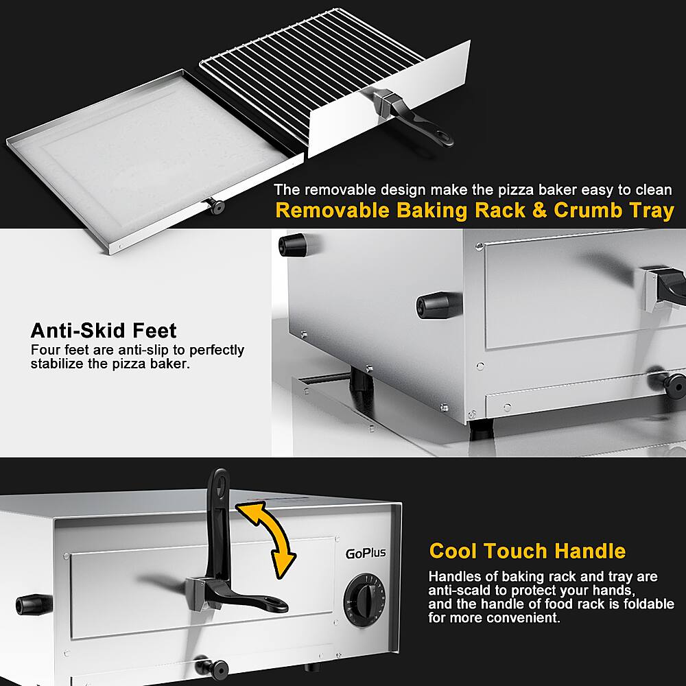 The removable design makes the pizza baker easy to clean. The removable baking rack and crumb tray are anti-skid, ensuring the pizza baker is perfectly stabilized. The GoPlus Cool Touch Handle is anti-scald, protecting your hands, and the handle of the food rack is foldable for added convenience.