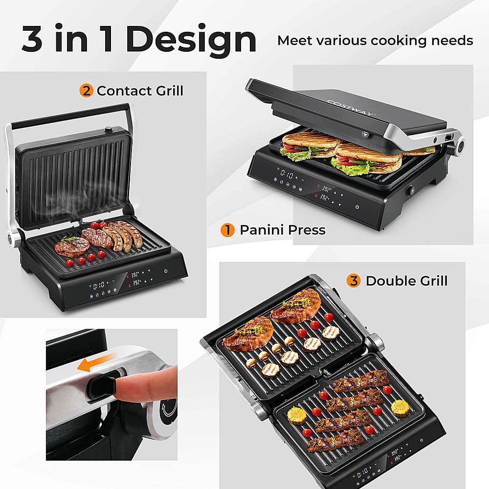 3 in 1 Design Meet various cooking needs
1. Contact Grill
2. Panini Press
3. Double Grill