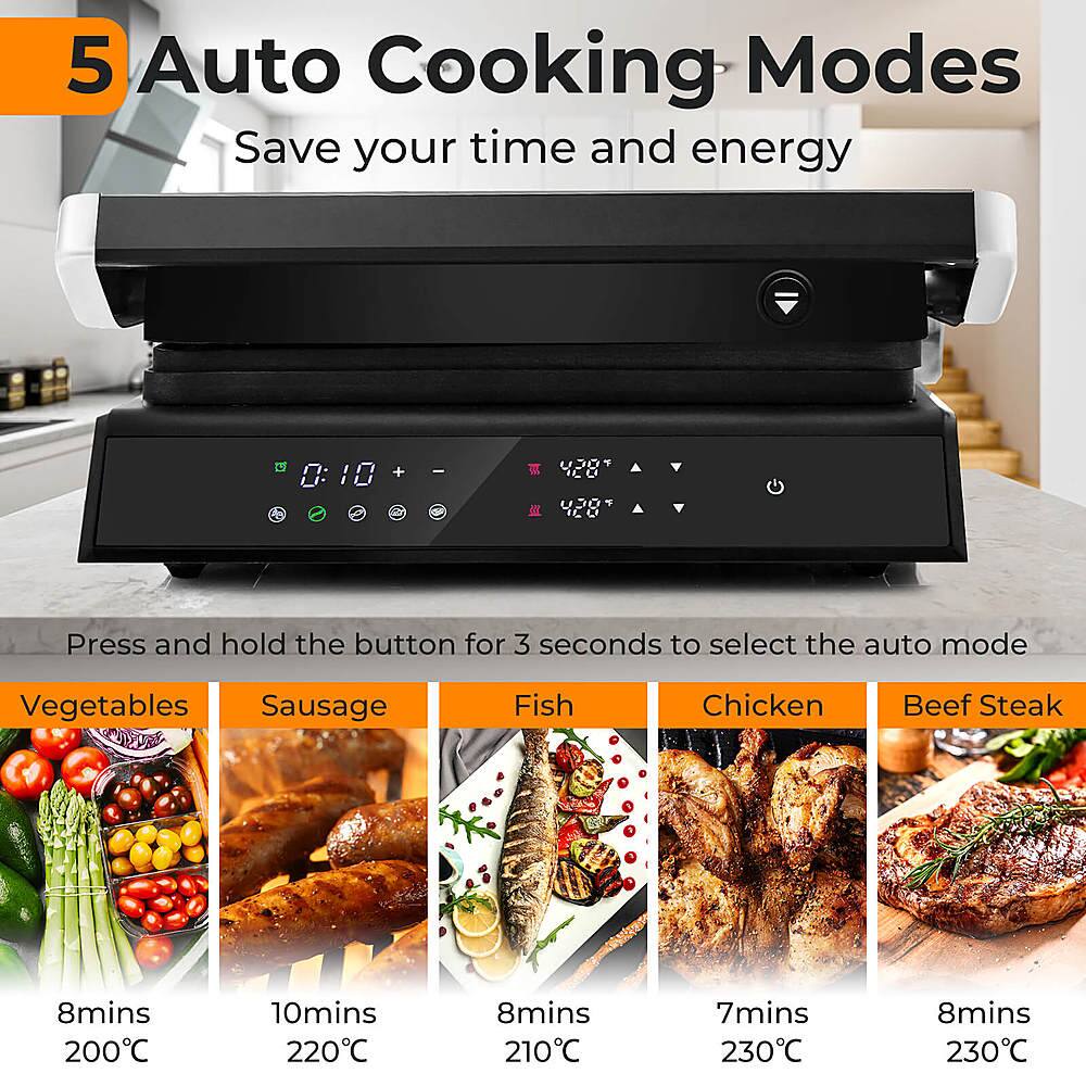 5 Auto Cooking Modes Save your time and energy:

1. Vegetables: 8 minutes at 200°C
2. Sausage: 10 minutes at 220°C
3. Fish: 8 minutes at 210°C
4. Chicken: 7 minutes at 230°C
5. Beef Steak: 8 minutes at 230°C