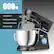 The image features a large mixing bowl with a motorized mixer, which is a 660W high performance motor with copper motor, overheated protection, and overloaded protection. The mixer also has a blue LED light, and it is made by the company Coneway.
