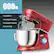 The image features a red electric mixer with a silver bowl. The mixer is a 660W high performance motor with copper motor, overheated protection, and overloaded protection. It also has a blue LED light and is made by the company OSTWAY.