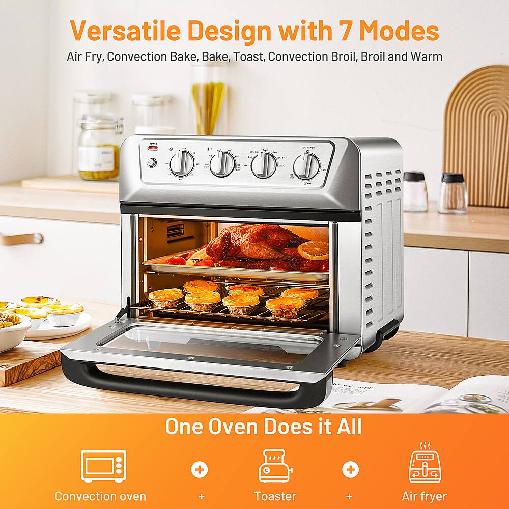 Versatile Design with 7 Modes: Air Fry, Convection Bake, Bake, Toast, Convection Broil, Broil and Warm. One Oven Does it All.