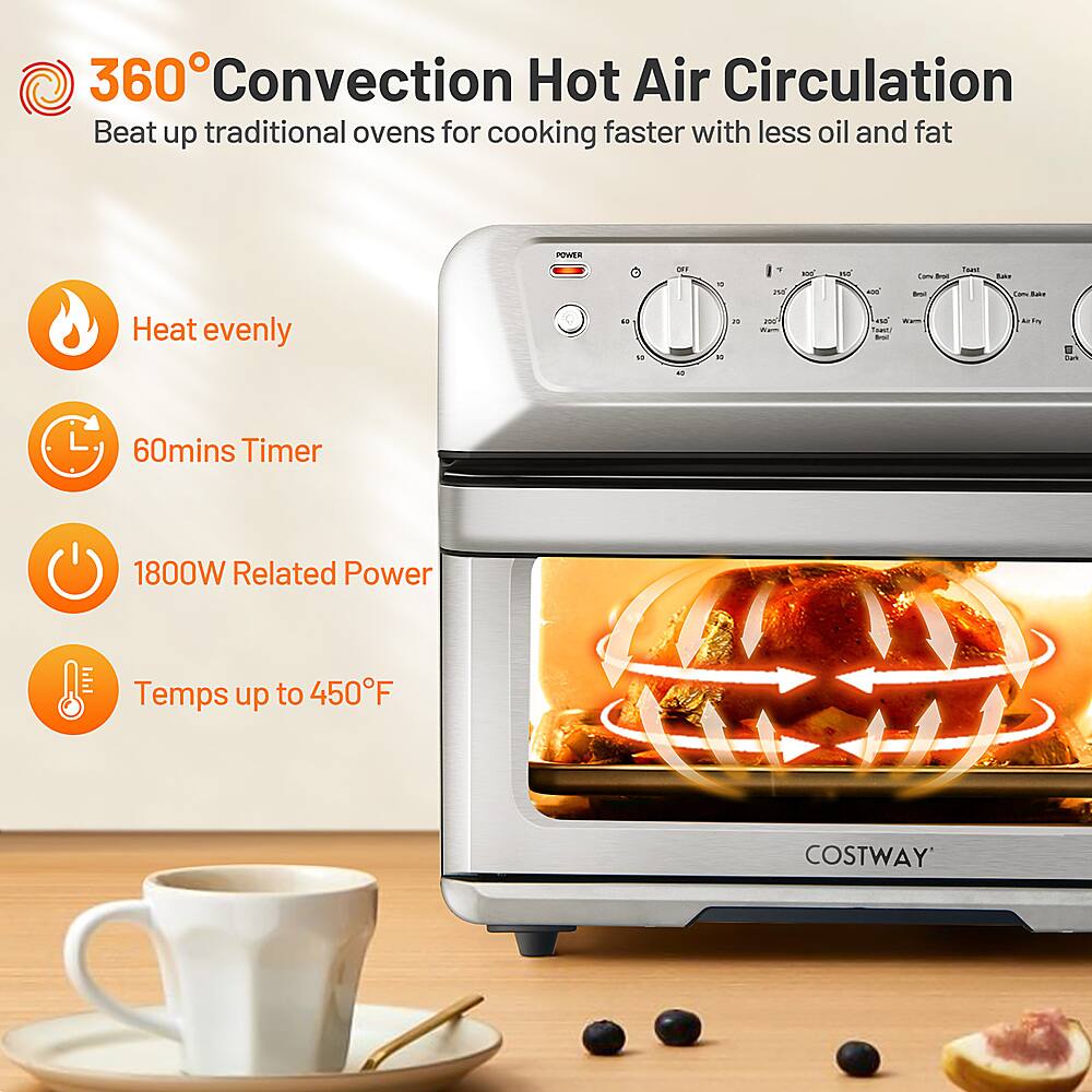 The text on the image reads: "360 Convection Hot Air Circulation Beat up traditional ovens for cooking faster with less oil and fat. PWER 1800W 60mins Timer 1800W Related Power Temps up to 450F COSTWAY."