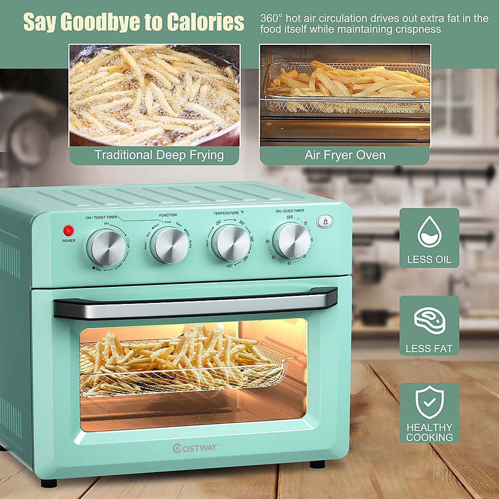 Say Goodbye to Calories: 360 hot air circulation drives out extra fat in the food itself while maintaining crispness. Traditional Deep Frying Air Fryer Oven & OWER. OAS 1HEI. TEMPERATURE 3 2 10 KC OVEN TAAL. LESS OIL LESS FAT OSTWAY HEALTHY COOKING.