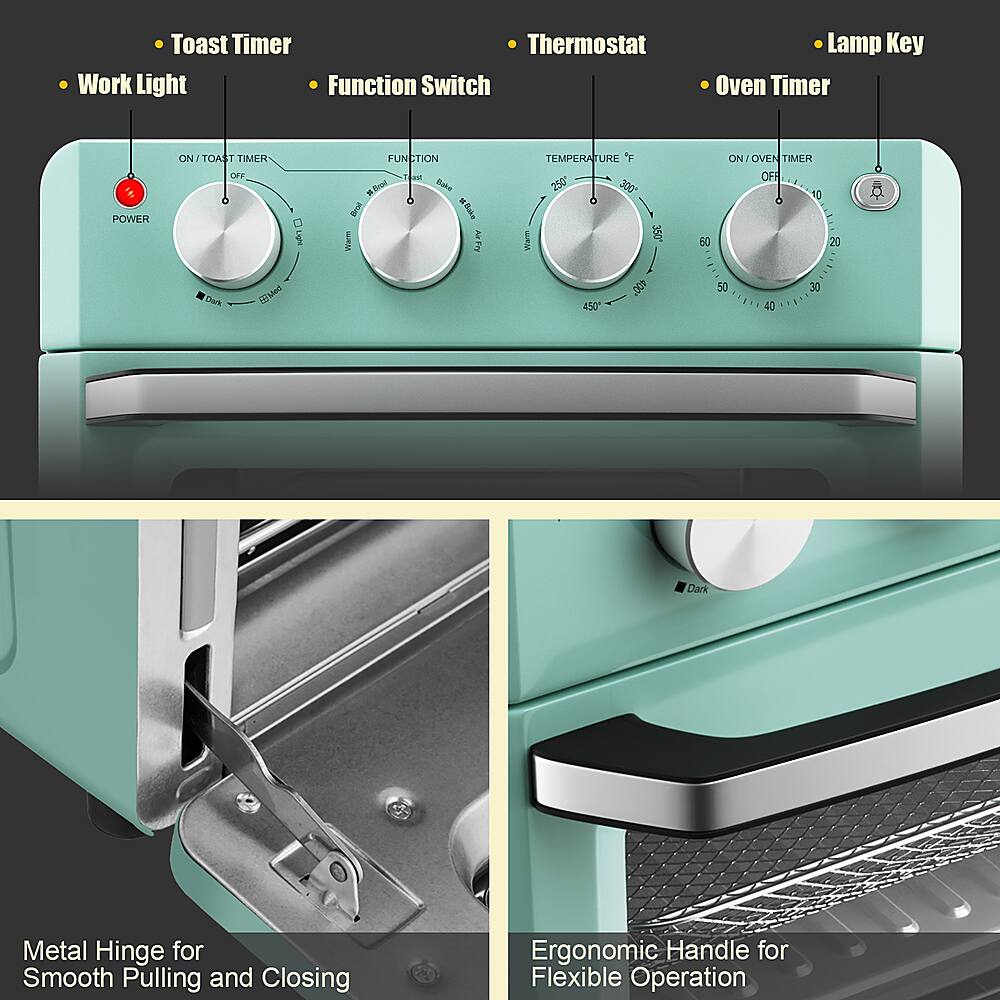 The image features a blue oven with a metal hinge for smooth pulling and closing, and an ergonomic handle for flexible operation. The oven has a toast timer, thermostat, work light, function switch, and lamp key. The oven also has a power switch, oven timer, and a toaster timer. The image provides a clear view of the oven's features and their functions.