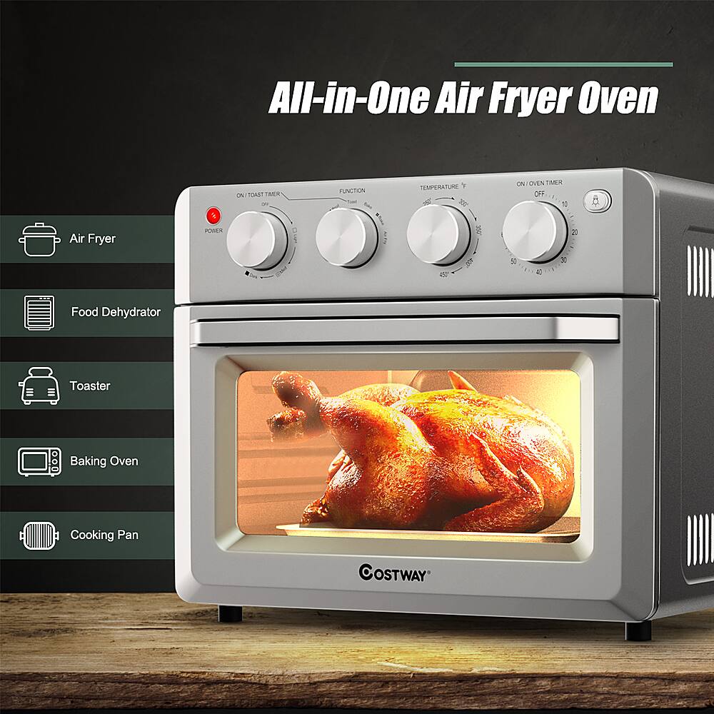 All-in-One Air Fryer Oven Air Fryer Oven % PWE TMER c i - FUNCTION I TEMPIRATURE Y 300 ! E  E ON OVEN TMUR OFF S1 N 20 53 y E Food Dehydrator Toaster Baking Oven Cooking Pan COSTWAY
