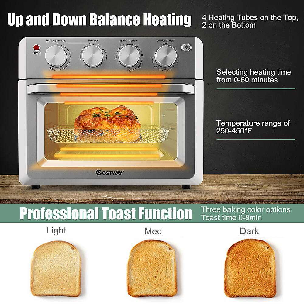 Up and Down Balance Heating 4 Heating Tubes on the Top, 2 on the Bottom PUREA -e SOWST ISn  I FUNCTION ha HE/E M a I  8 e0 - OVEN TAN ORE  20  50 s E 8 Selecting heating time from 0-60 minutes Temperature range of 250-450F OSTWAY Three baking color options Professional Toast Function Toast time 0-8min Light Med Dark