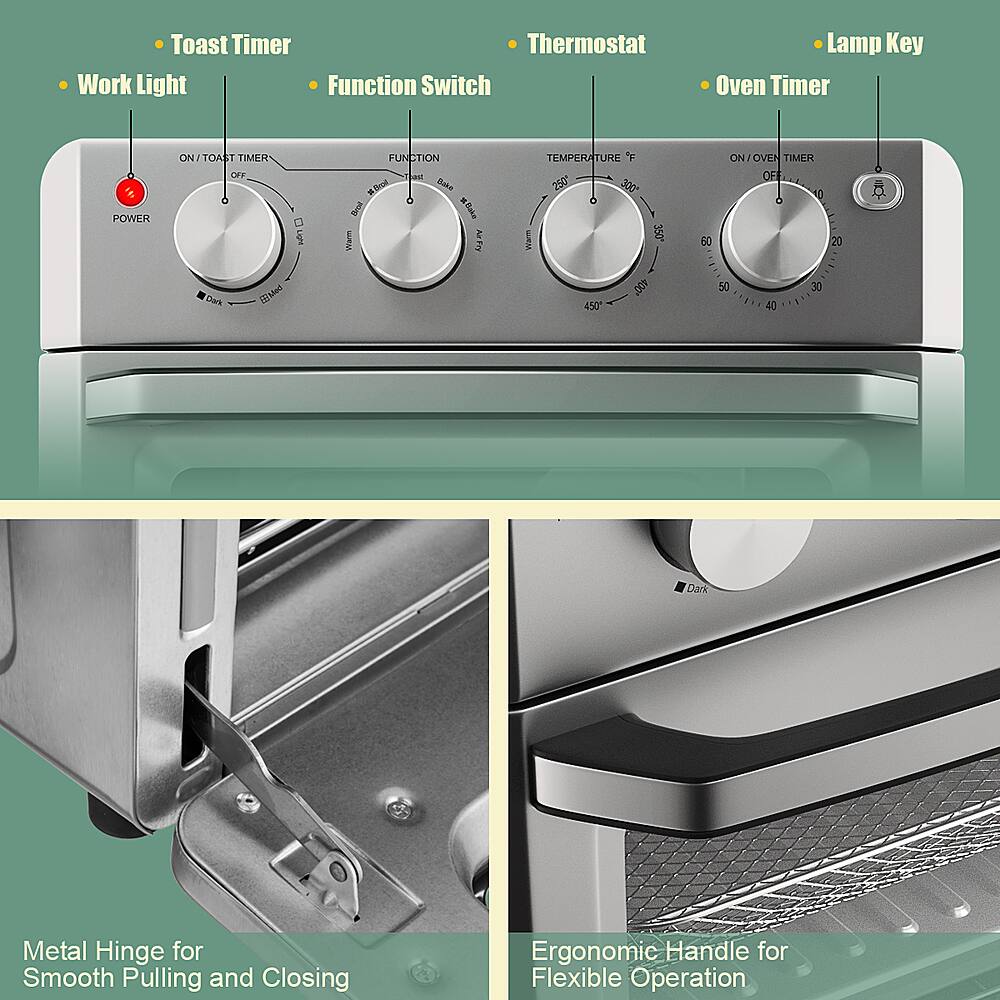 The image features a stainless steel oven with a metal hinge for smooth pulling and closing, and an ergonomic handle for flexible operation. The oven has a toast timer, thermostat, work light, function switch, and lamp key. The toast timer and oven timer are both located on the left side of the oven, while the thermostat is situated on the right side. The work light is positioned above the oven, and the function switch is located in the middle of the oven. The lamp key is also located on the right side of the oven.
