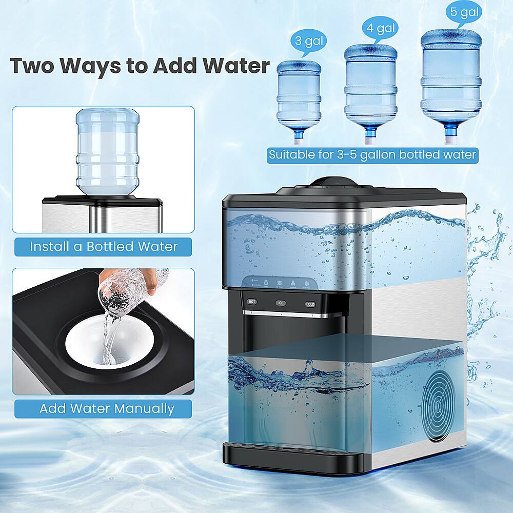 Two Ways to Add Water: 3 gal, 4 gal, 5 gal. Suitable for 3-5 gallon bottled water. Install a Bottled Water Dispenser. Add Water Manually.