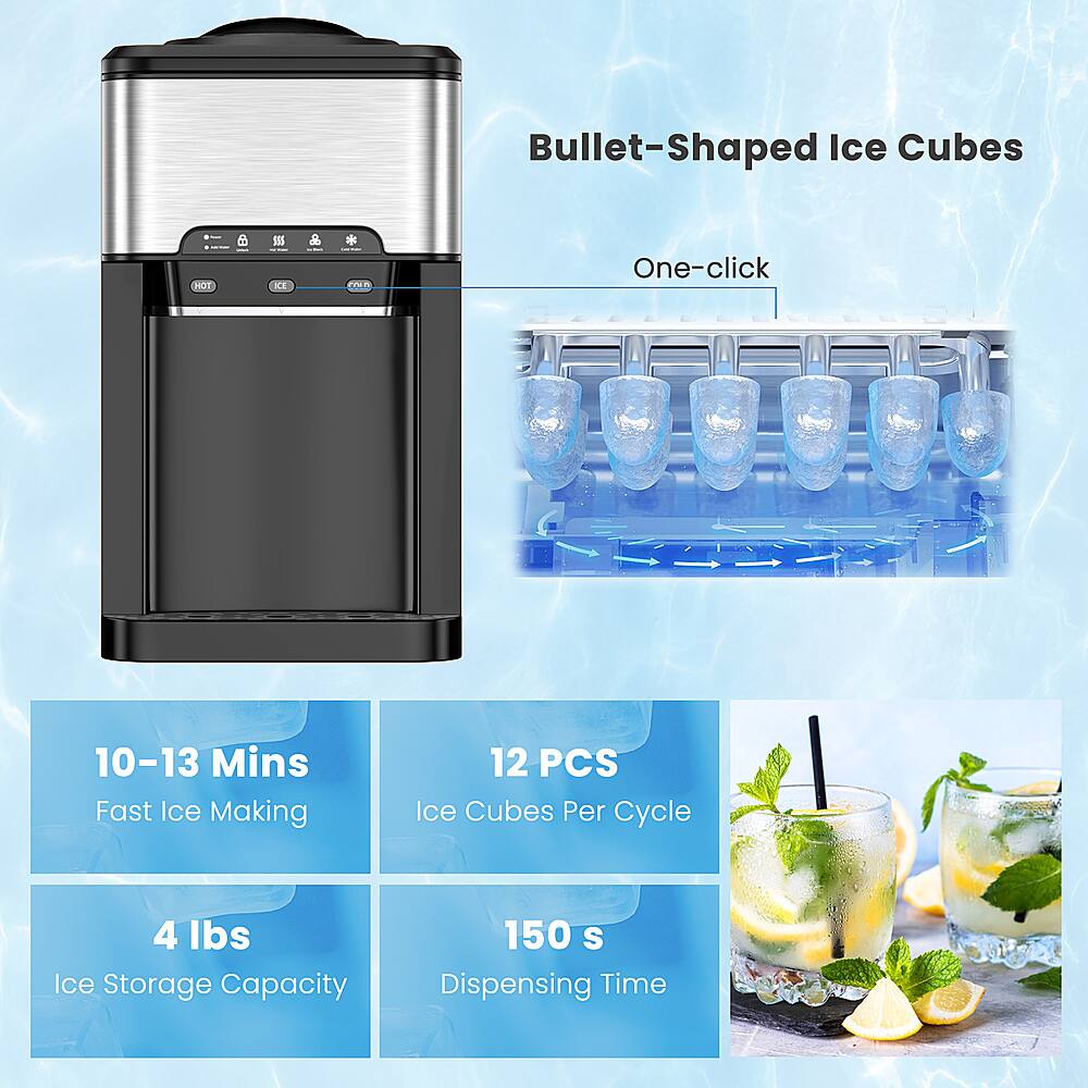 Bullet-Shaped Ice Cubes: One-click, 10-13 Mins Fast Ice Making, 12 PCS Ice Cubes Per Cycle, 4 lbs Ice Storage Capacity, 150 S Dispensing Time.