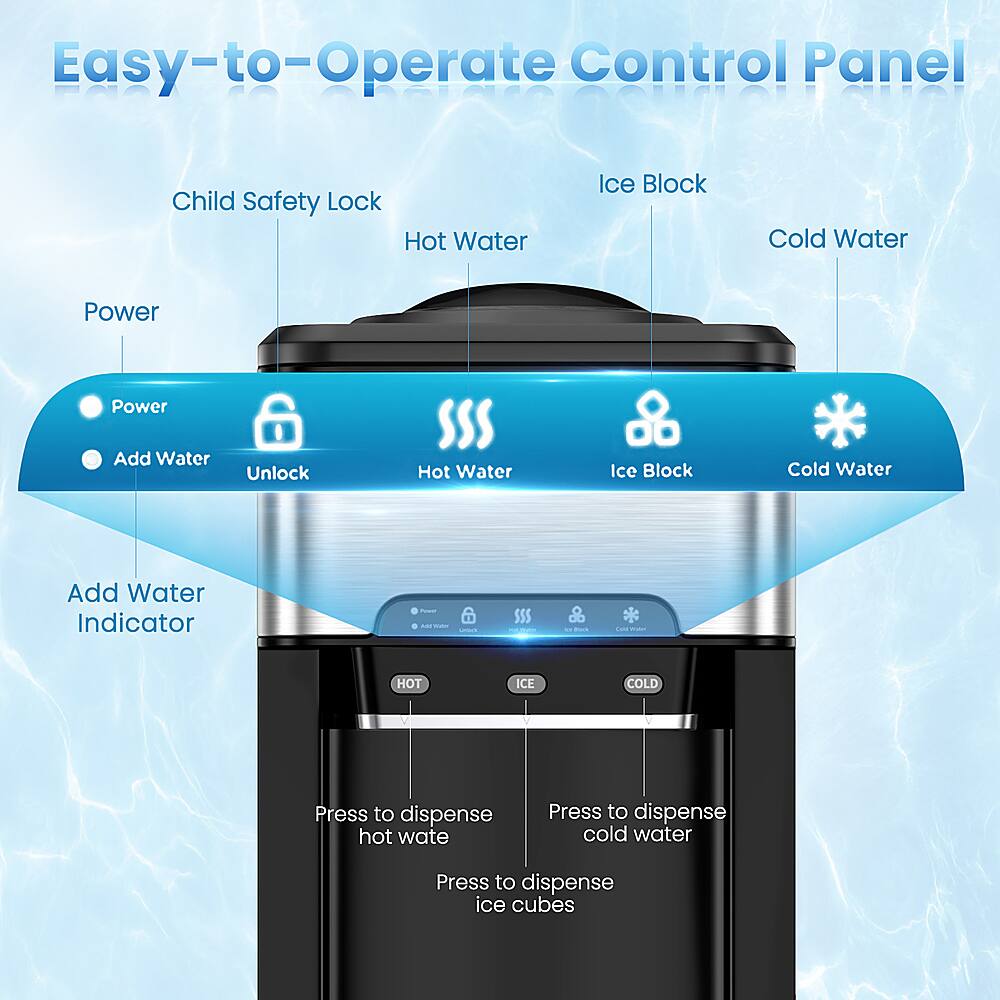 Easy-to-Operate Control Panel:

* Child Safety Lock: Hot Water
* Ice Block: Cold Water
* Power: Hot Water
* Add Water: Unlock
* Add Water Indicator: SSS

Press to dispense hot water:

* Press to dispense cold water:
* Press to dispense ice cubes: