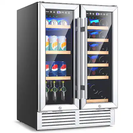 The image shows a double door refrigerator with a variety of drinks inside. There are multiple bottles of soda and water, as well as a few cups. The refrigerator is filled with a diverse selection of beverages, making it a convenient and well-stocked option for those looking to quench their thirst.