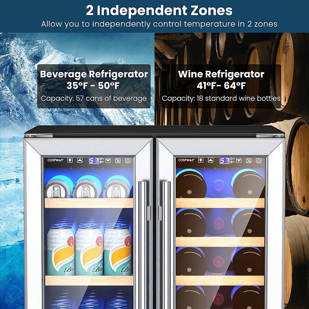The text on the image is already grouped and correctly written. It reads: "2 Independent Zones Allow you to independently control temperature in 2 zones Beverage Refrigerator Wine Refrigerator 35F - 50F 41F- 64F Capacity: 57 cans of beverage Capacity: 18 standard wine bottles COSTWAY DE 5 7 %  COSTWAY S 7 O1 X C hl 31 7 hd 170 do S17  Ta c Sea -a eou - Cle   snof a T - ceatgad Mog B B Bi."