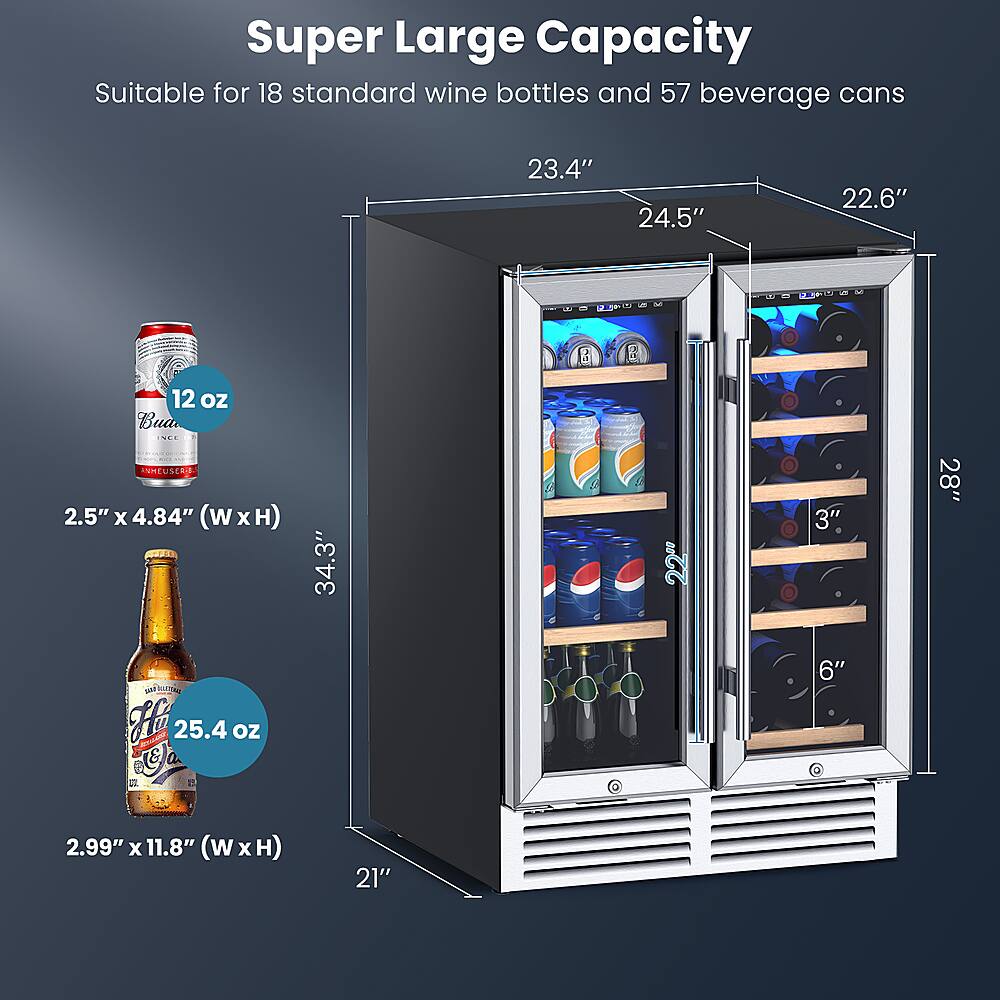 Super Large Capacity Suitable for 18 standard wine bottles and 57 beverage cans. 23.4" x 24.5" x 22.6" UROALE 12 oz Bottle 2.5" x 4.84" (w x h) 34.3" x 22" x 3" 28" wll NO H A 25.4 oz La & 6" 2.99" x 11.8" (w x h) 21".