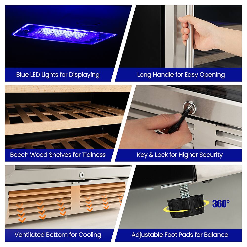 The text on the image is already grouped and correctly labeled. The labels are:

1. Blue LED Lights for Displaying
2. Long Handle for Easy Opening
3. Beech Wood Shelves for Tidiness
4. Key & Lock for Higher Security
5. 360 Ventilated Bottom for Cooling
6. Adjustable Foot Pads for Balance