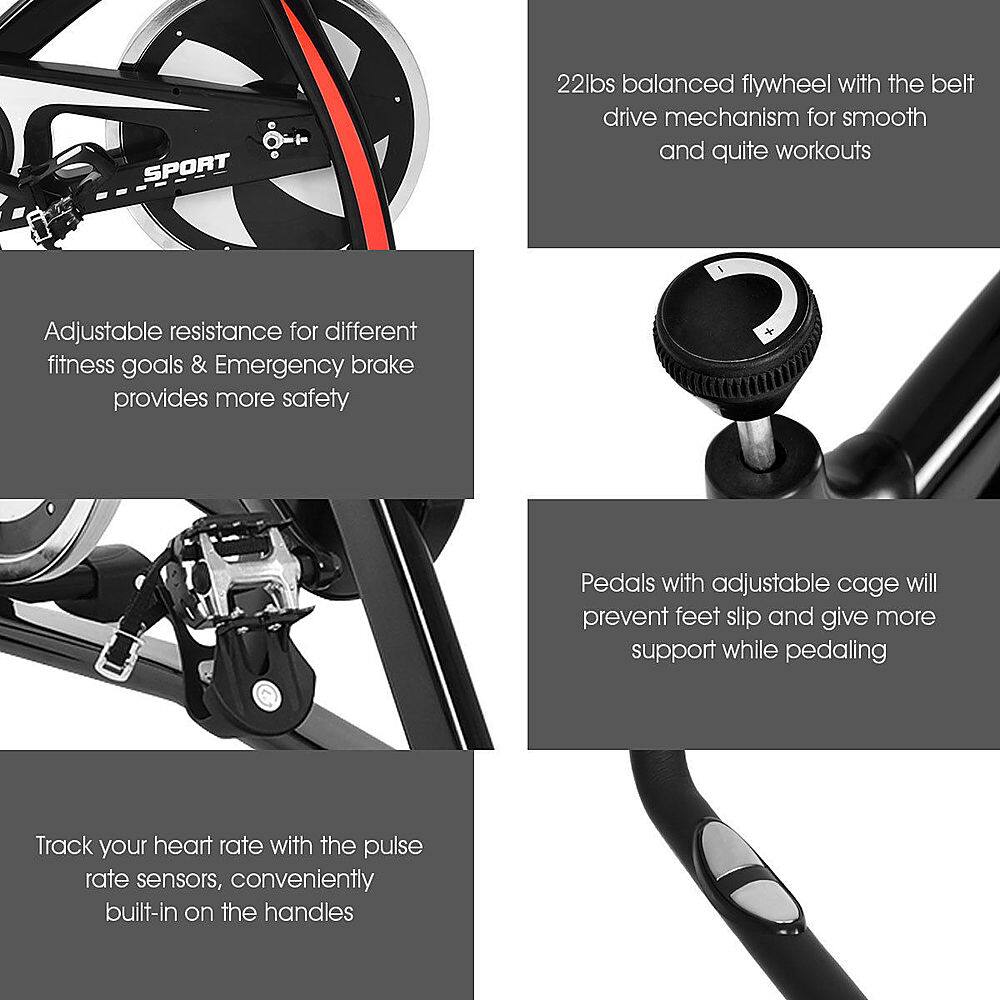 The text on the image is grouped and corrected as follows:

1. Sport: 22lbs balanced flywheel with the belt drive mechanism for smooth and quite workouts.
2. Adjustable resistance for different fitness goals & Emergency brake provides more safety.
3. Pedals with adjustable cage will prevent feet slip and give more support while pedaling.
4. Track your heart rate with the pulse rate sensors, conveniently built-in on the handles.