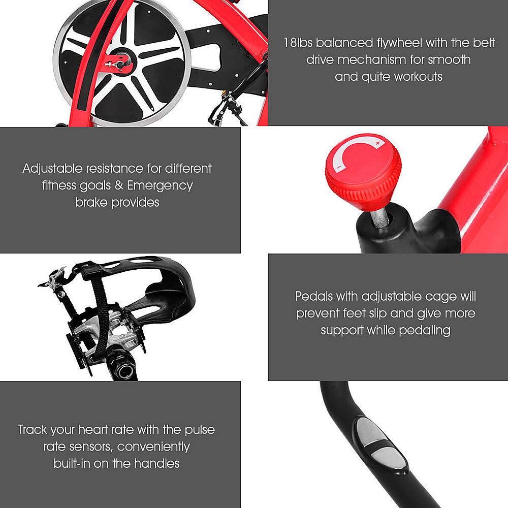 Grouped and corrected text:

1. 18lbs balanced flywheel with the belt drive mechanism for smooth and quite workouts.
2. Adjustable resistance for different fitness goals & Emergency brake provides.
3. Pedals with adjustable cage will prevent feet slip and give more support while pedaling.
4. Track your heart rate with the pulse rate sensors, conveniently built-in on the handles.