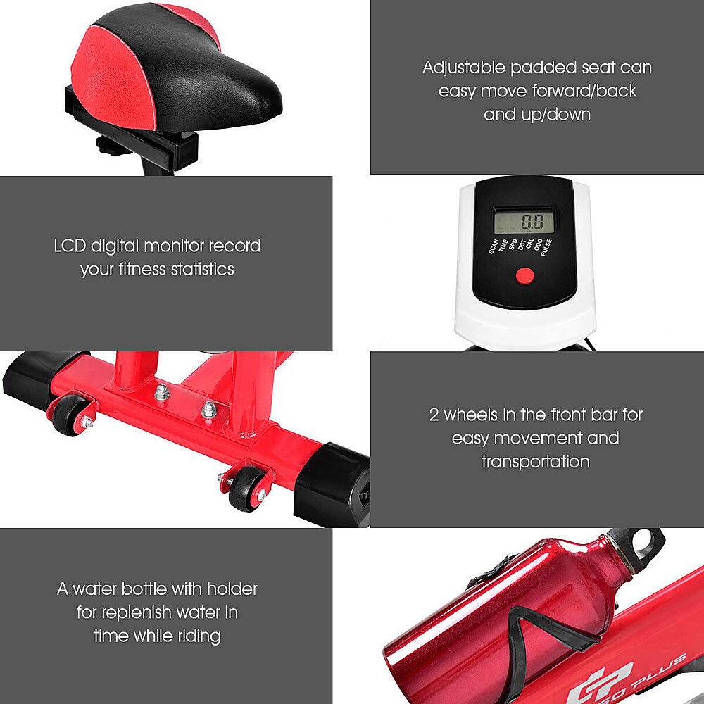 The text on the image is grouped and corrected as follows:

1. Adjustable padded seat can easily move forward/back and up/down.
2. LCD digital monitor records your fitness statistics.
3. 2 wheels in the front bar for easy movement and transportation.
4. A water bottle with holder for replenishing water in time while riding.
5. G PLUS 0 A.