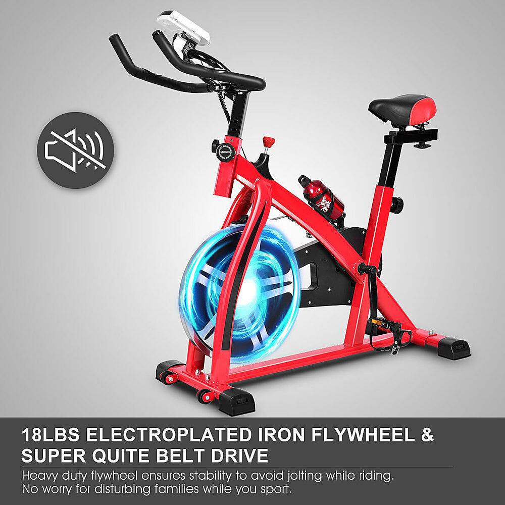 The text on the image reads: "18LBS ELECTROPLATED IRON FLYWHEEL & SUPER QUITE BELT DRIVE Heavy duty flywheel ensures stability to avoid jolting while riding. No worry for disturbing families while you sport."
