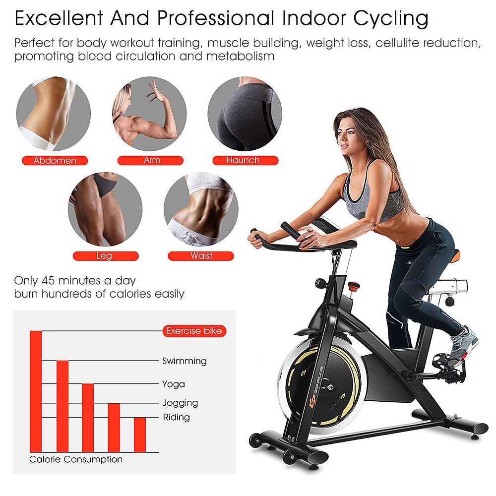 Excellent And Professional Indoor Cycling Perfect for body workout training, muscle building, weight loss, cellulite reduction, promoting blood circulation and metabolism. Abdomen, Arm, Haunch, Leg, Waist. Only 45 minutes a day burn hundreds of calories easily. Exercise bike, Swimming, Yoga, Jogging, Riding, Crunches. Calorie Consumption.