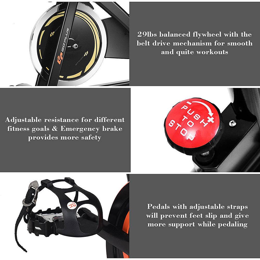 The image features a group of different fitness equipment, including a bicycle, a pedal, and a flywheel. The flywheel is designed to provide a smooth and quiet workout experience, with a belt drive mechanism for added safety. The pedals come with adjustable straps to prevent slipping and offer more support while pedaling. The bicycle is equipped with a 29lbs balanced flywheel, which offers a more stable and controlled ride. The adjustable resistance allows for different fitness goals, while the emergency brake provides additional safety during use.