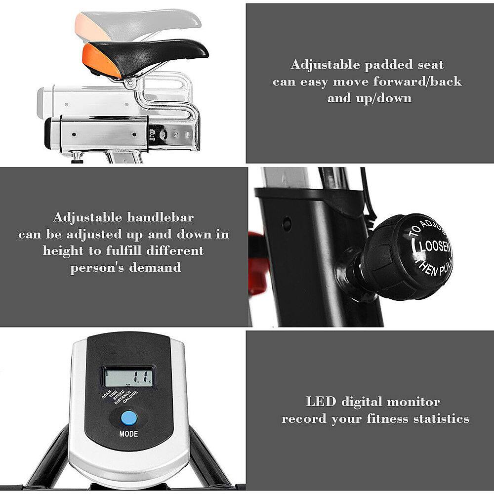 Adjustable padded seat can easily move forward/back and up/down. Adjustable handlebar can be adjusted up and down in height to fulfill different person's demands. TO AOJUE LOOSEN HEN PUL SCAN TIME SPERD CALORIE DIN MODE LED digital monitor records your fitness statistics.